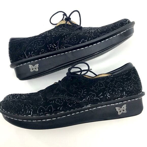 Alegria Bree Black Leather Floral Tooled Lace Up Sprigs Support Oxford Shoes - Picture 7 of 16